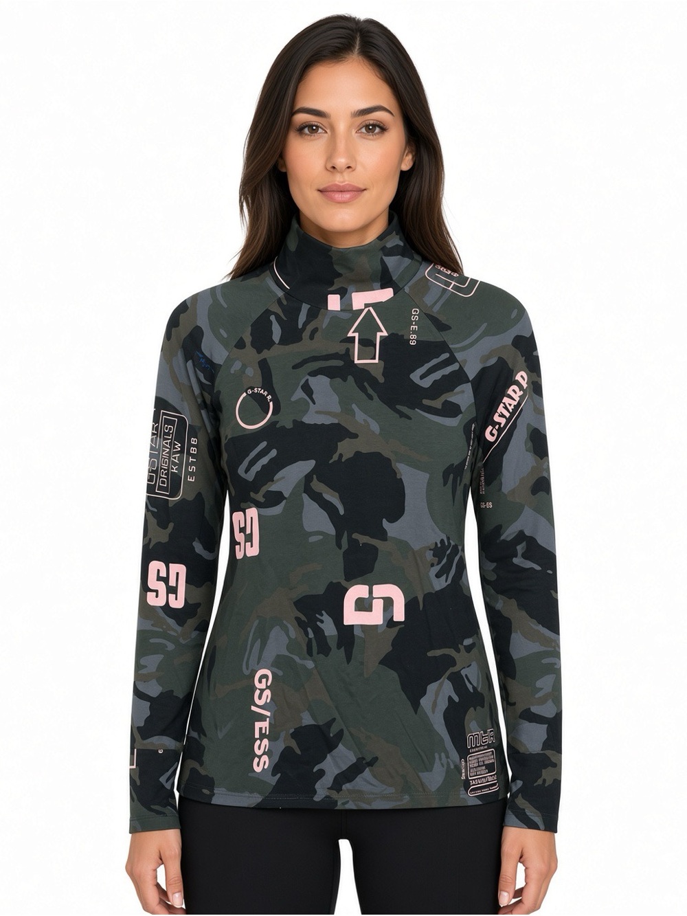 G-Star Women’s Green Camo Mock Neck Long Sleeve Top Large NWT
